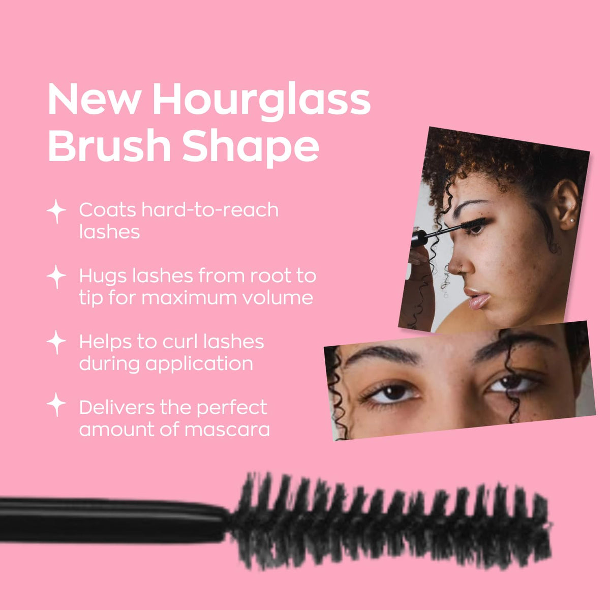 Elizabeth Mott mascara on model eyes displaying lifted curled lashes for dramatic effect