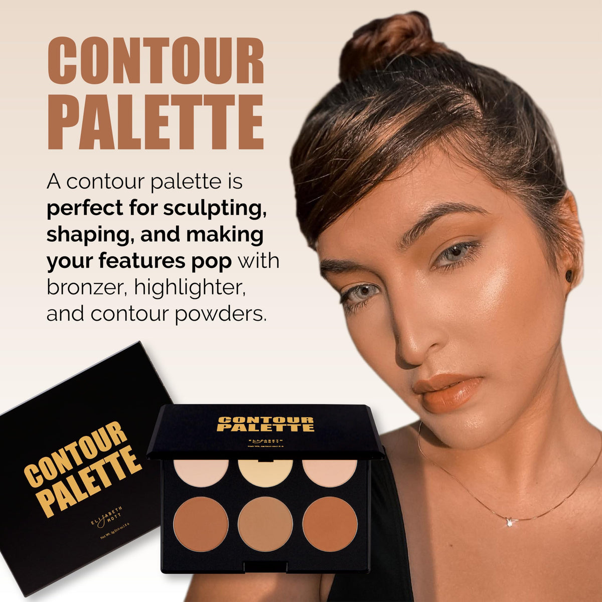 Elizabeth Mott open palette top view revealing six blendable contour and highlight shades