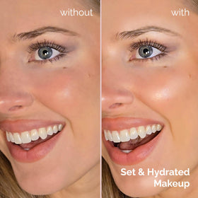 Elizabeth Mott spray being applied on model to set makeup for longer wear