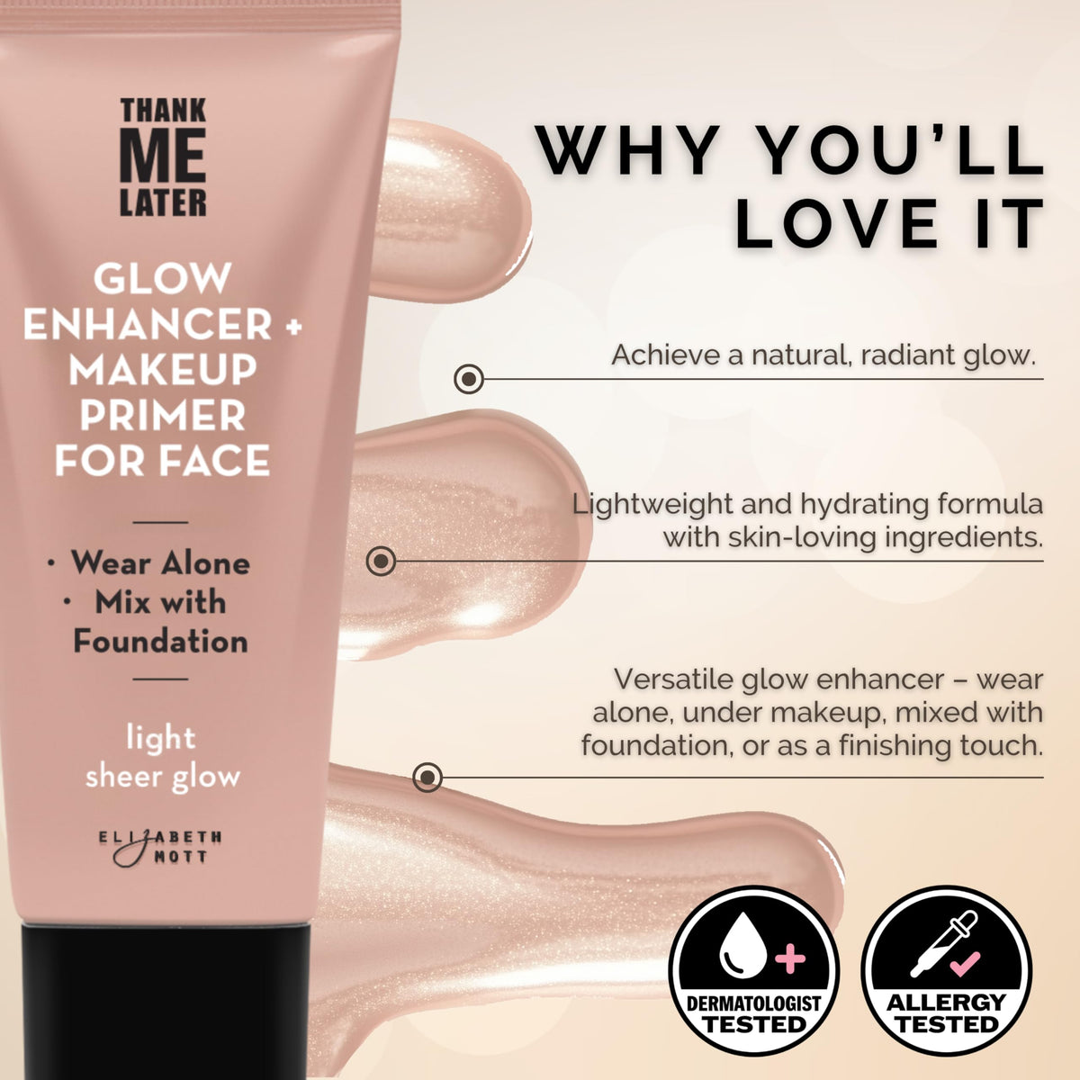 Elizabeth Mott swatch on arm displaying sheer light glow and blendability