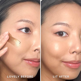 Elizabeth Mott swatches on arm showing tan sheer glow shade and blendability