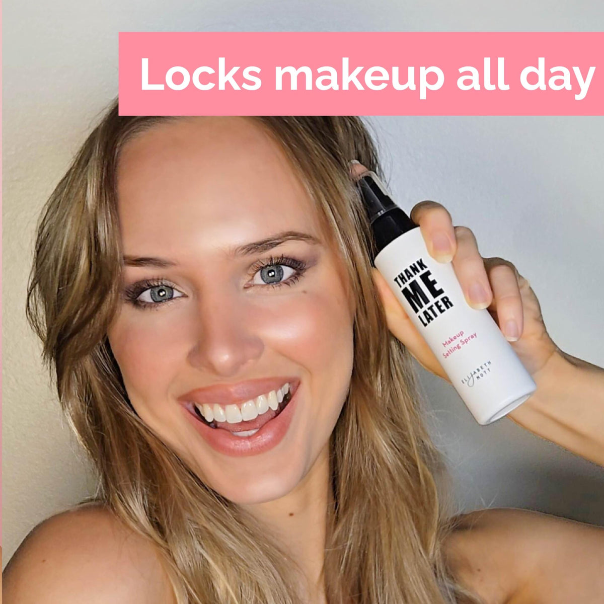 Elizabeth Mott with travel pouch ready for on-the-go refreshing and touch-ups