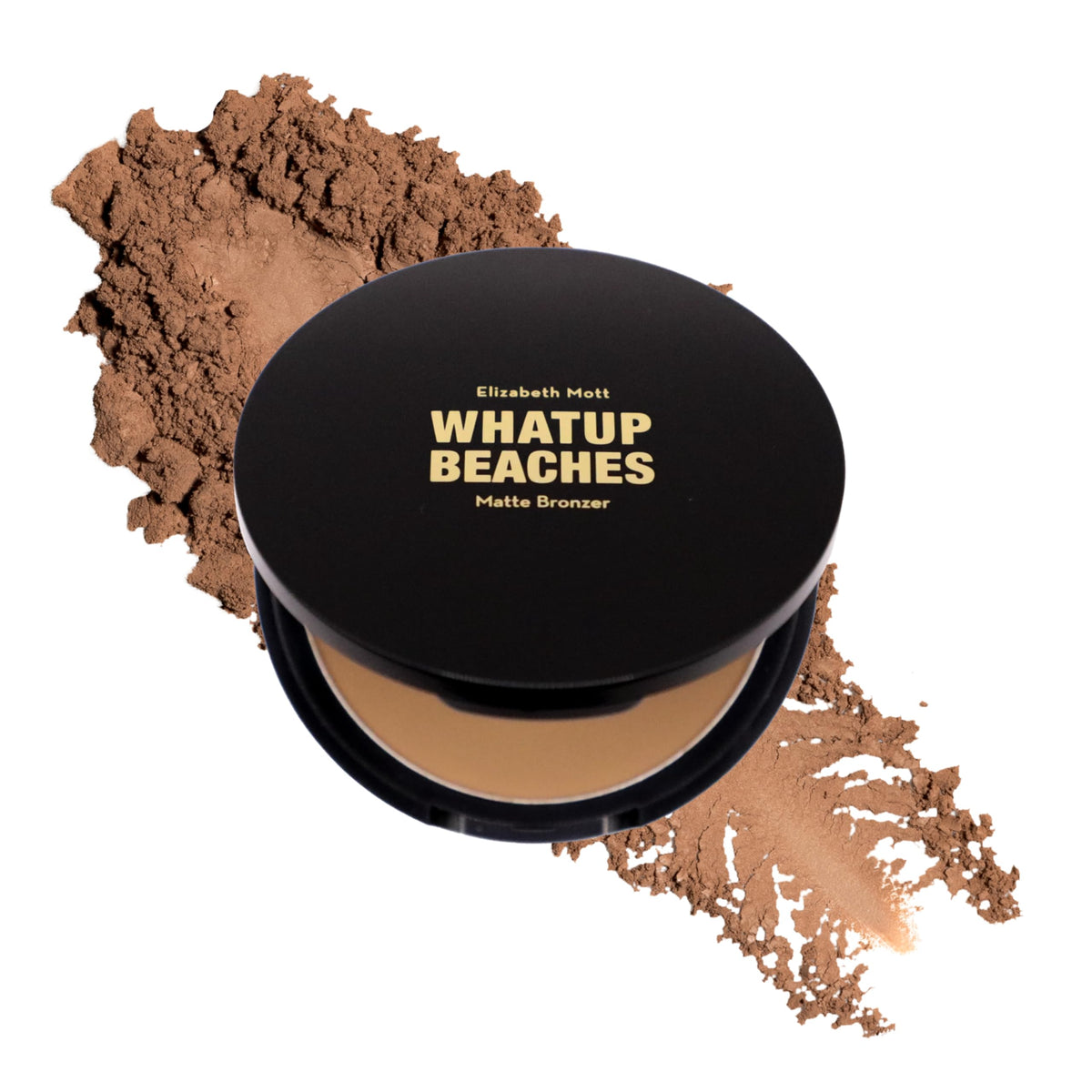 Elizabeth Mott compact front view showing slim pressed bronzer and case, easy travel