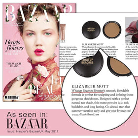 Elizabeth Mott bronzer in a beach bag lifestyle shot suggesting sun-kissed, travel-ready look