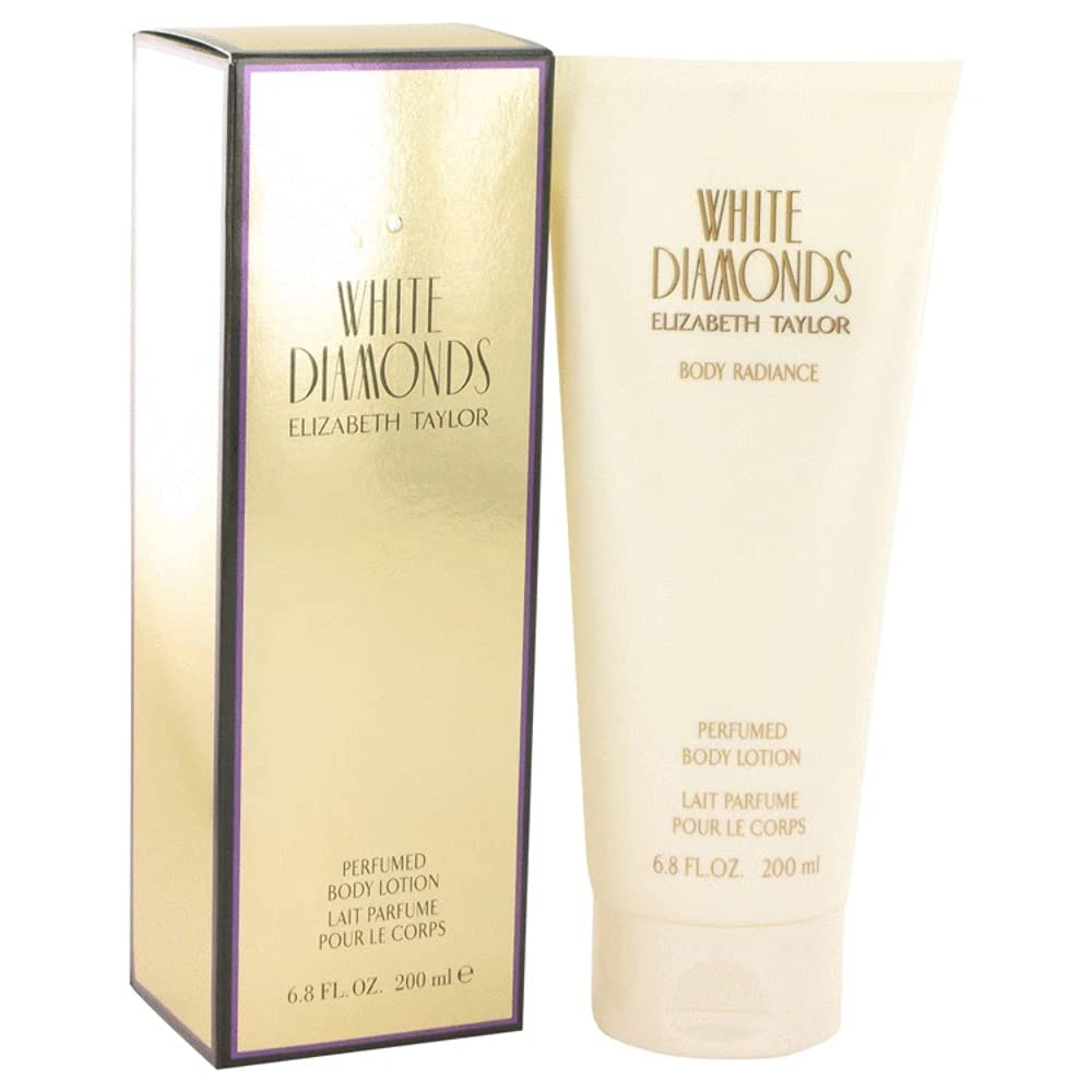 Elizabeth Taylor White Diamonds lotion applied to hand, demonstrating smooth absorption and scented moisture