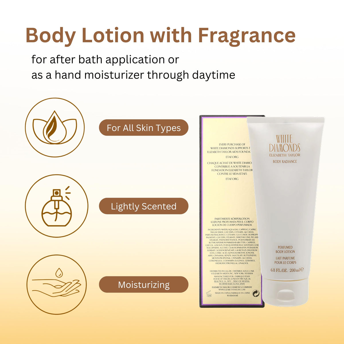 Elizabeth Taylor size comparison with hand illustrating portable 6.8-ounce convenience
