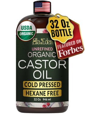 Ella & Eden castor oil front packaging showing bottle and brand benefits