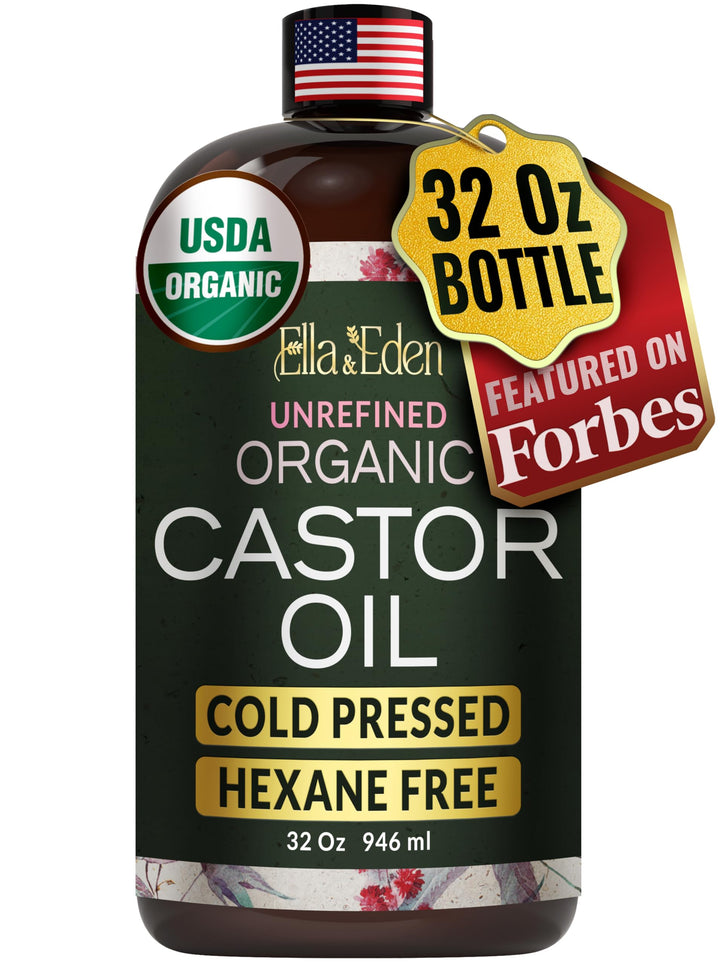 Ella & Eden castor oil front packaging showing bottle and brand benefits
