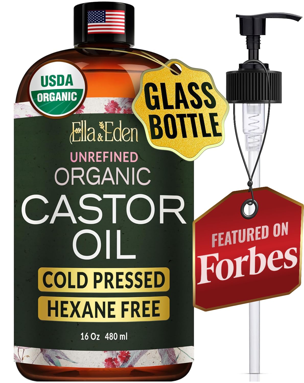 Ella & Eden front glass bottle showing organic castor oil benefits