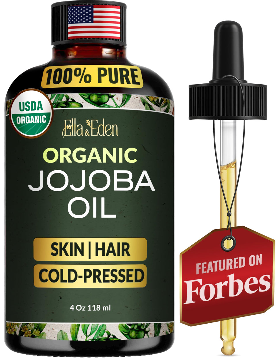 Ella & Eden bottle front view shows organic jojoba oil and clean packaging benefit