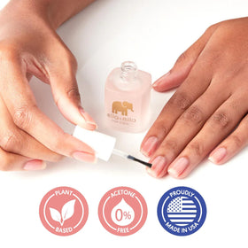ella+mila bottle next to ingredients list emphasizing vegan 17-free formulation
