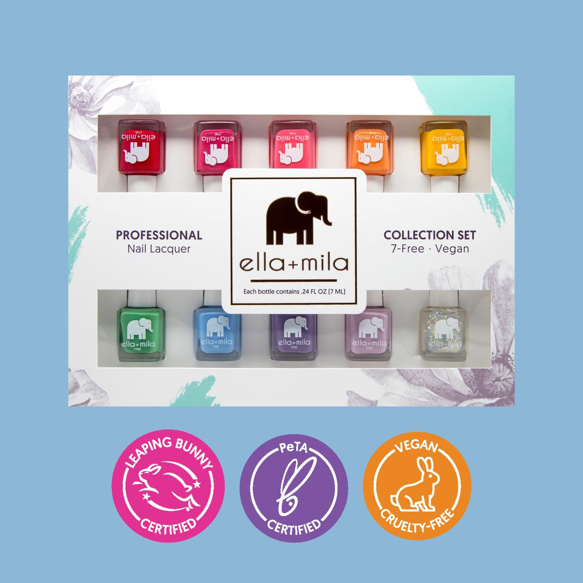 ella+mila ten shades displayed flat to compare pastel and vibrant colors