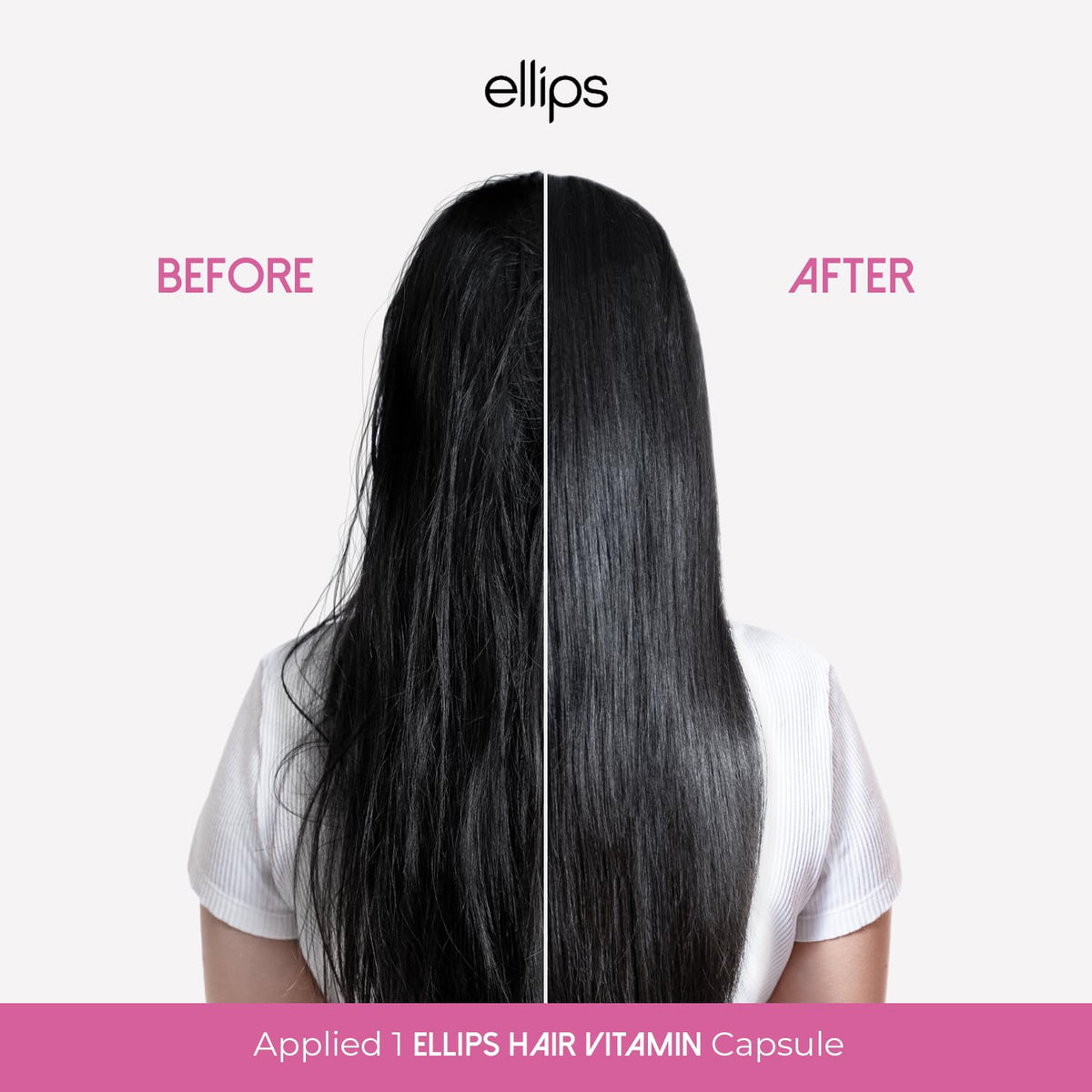 Ellips label close-up highlighting ingredients and heat protection benefit