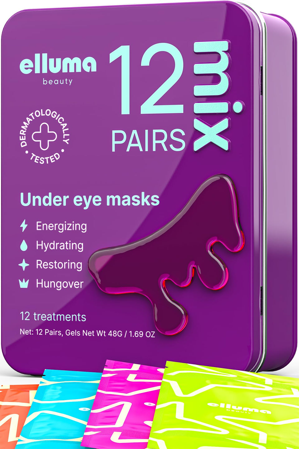 Elluma Beauty front packaging mix set showing 12 pairs and travel sachets for convenience