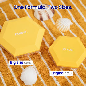 ELROEL size comparison next to coin showing travel-friendly 0.53 oz