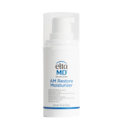 EltaMD AM Restore front pump bottle showing compact travel size and clear branding