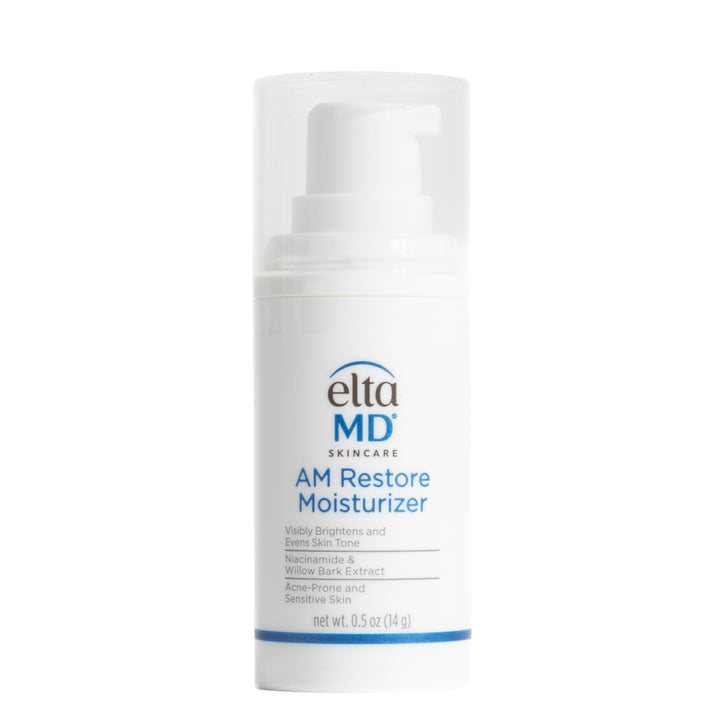 EltaMD AM Restore front pump bottle showing compact travel size and clear branding