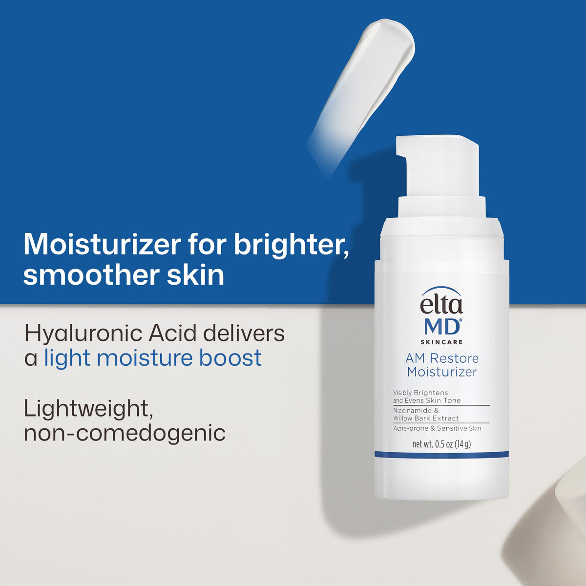 Label detail of EltaMD AM Restore highlighting niacinamide and hyaluronic acid benefits
