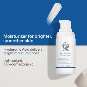 Label detail of EltaMD AM Restore highlighting niacinamide and hyaluronic acid benefits