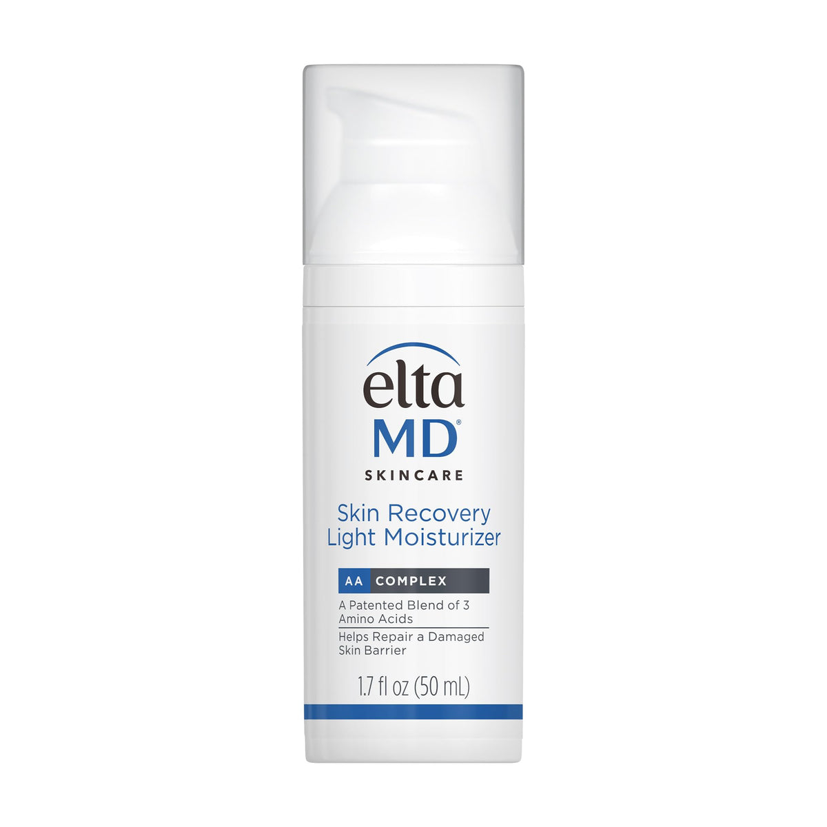 EltaMD front pump bottle showing compact 1.7 oz packaging and easy dispensing benefit