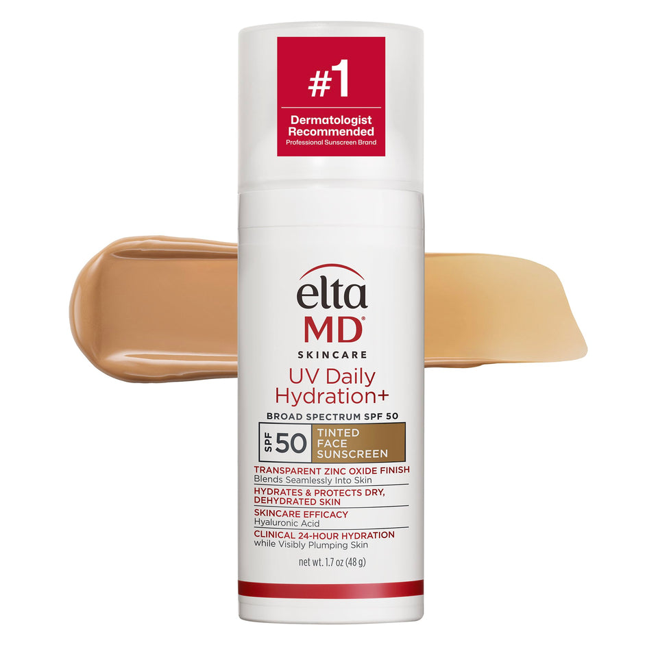 EltaMD front packaging showing tinted SPF 50 bottle and benefits