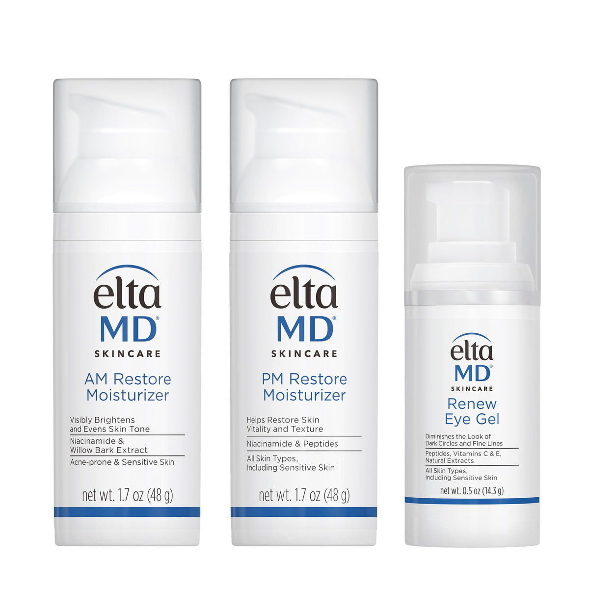 EltaMD kit front view showing AM Restore PM Restore and Renew Eye Gel with clean presentation
