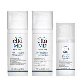 EltaMD kit front view showing AM Restore PM Restore and Renew Eye Gel with clean presentation