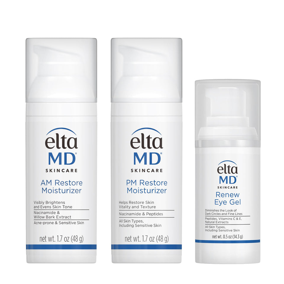 EltaMD kit front view showing AM Restore PM Restore and Renew Eye Gel with clean presentation