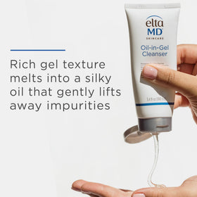 EltaMD oil-in-gel applied on hand demonstrating easy makeup breakdown