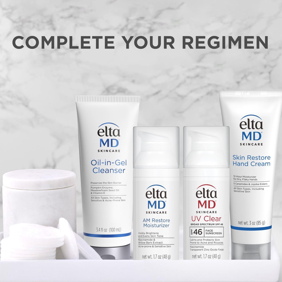 EltaMD label detail showing ingredient highlights and skin-support benefit