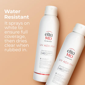 EltaMD poolside spray illustrating water resistance up to 40 minutes