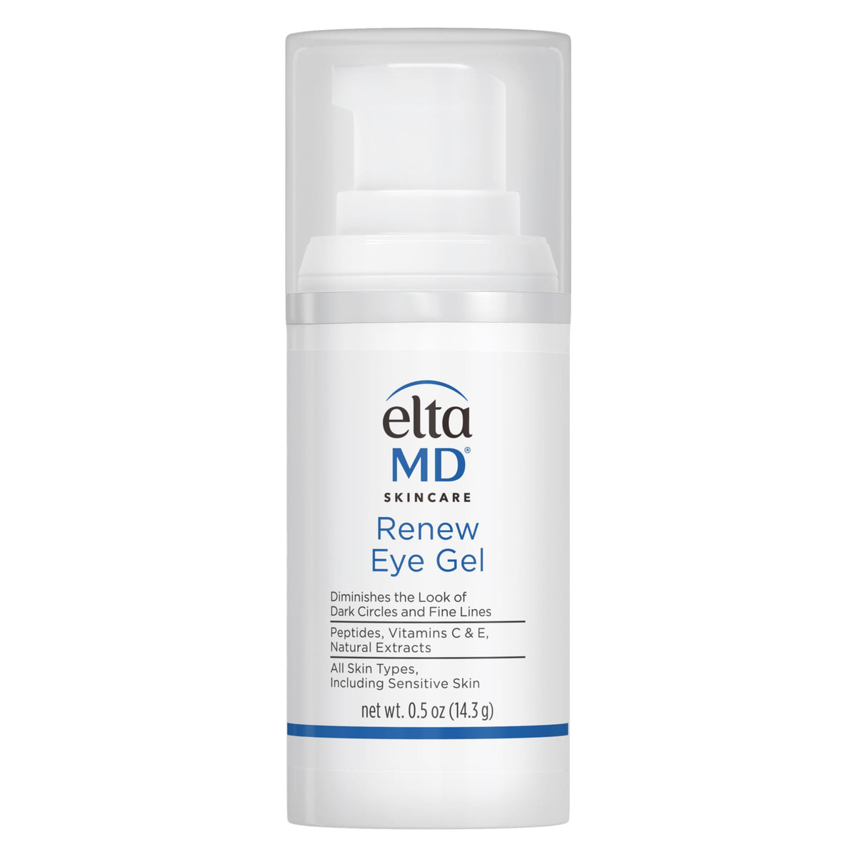 EltaMD Renew Eye Gel front packaging showing bottle and branding benefits