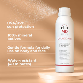 EltaMD mist spraying white on skin to confirm coverage and ease