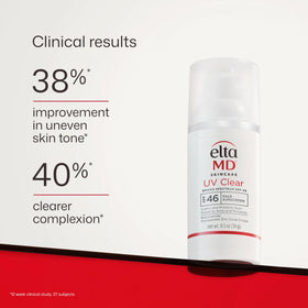 EltaMD UV Clear beside clinical notes signifying tested improvement in tone