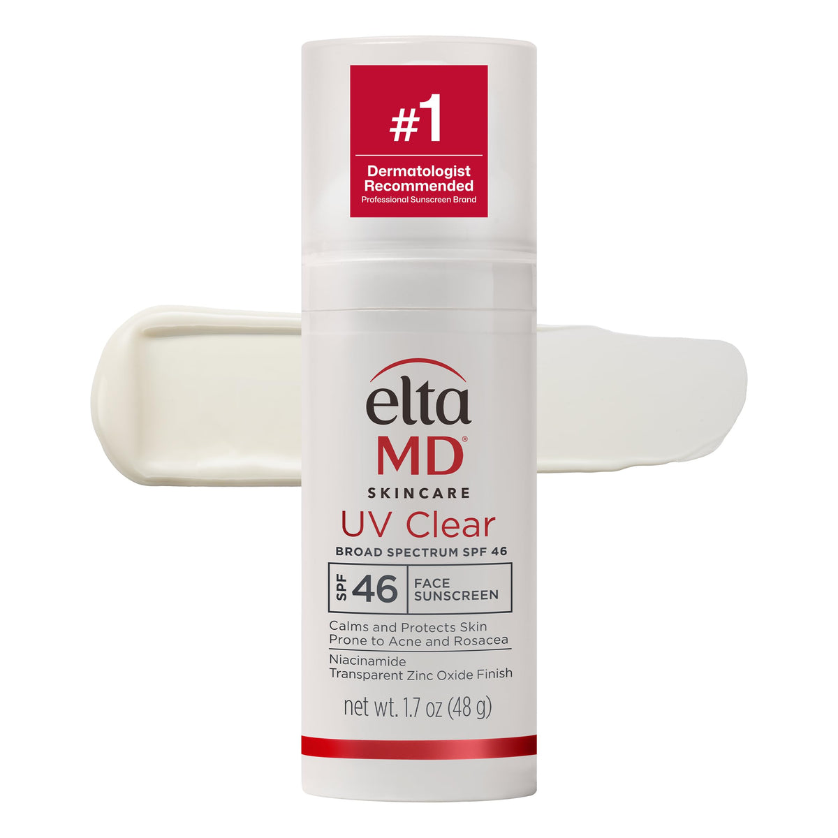 EltaMD UV Clear front pump bottle showing brand and compact design benefit