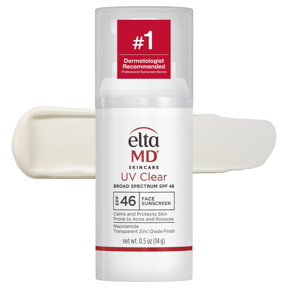 EltaMD UV Clear front pump bottle showing compact travel size and protection