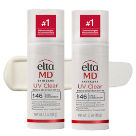 EltaMD UV Clear front pump bottle showing packaging and easy dispensing benefit