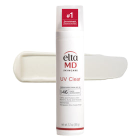 EltaMD UV Clear front pump bottle showing product and label benefit