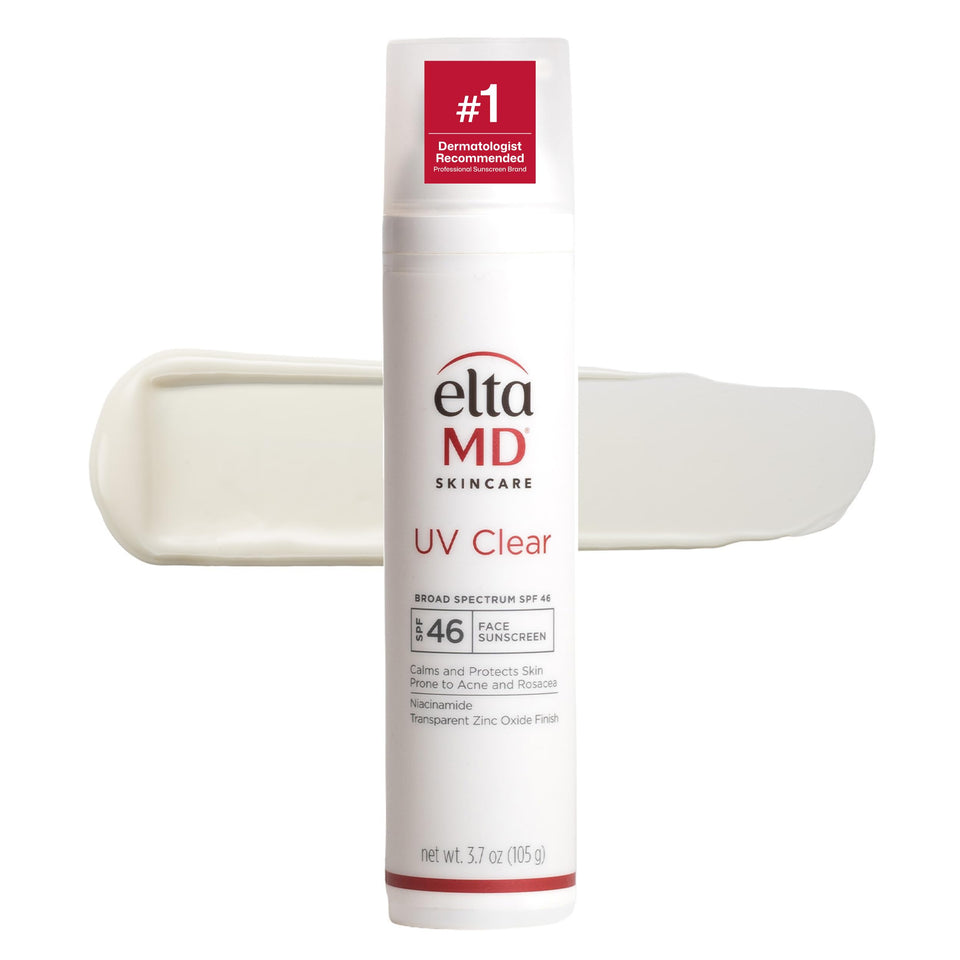 EltaMD UV Clear front pump bottle showing product and label benefit