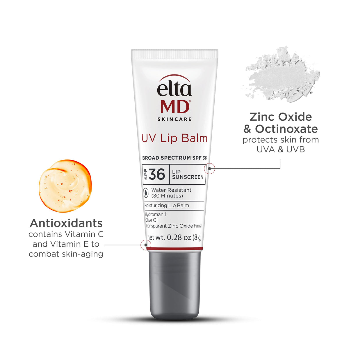 EltaMD lip balm next to a credit card showing compact travel-friendly size