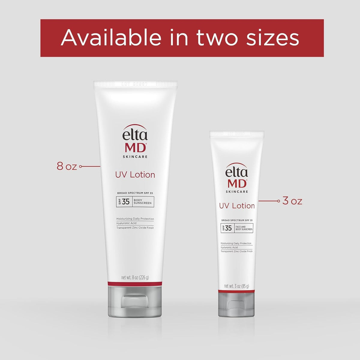 EltaMD UV Lotion label close-up showing zinc oxide and hyaluronic acid