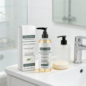 Massaging Elycira Collagen Oil into arm to improve skin suppleness and smoothness