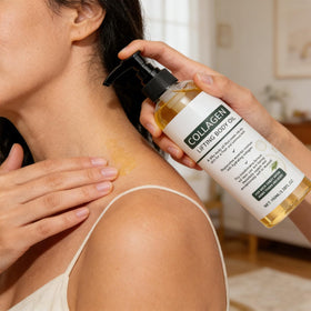 Elycira Collagen Oil staged in bathroom lifestyle scene showing daily routine use