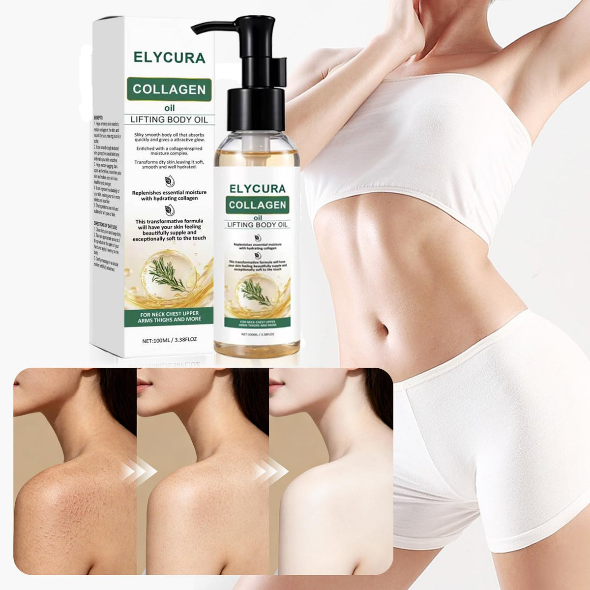 Elycura Collagen Oil focused on elbows and knees to soften crepey appearance