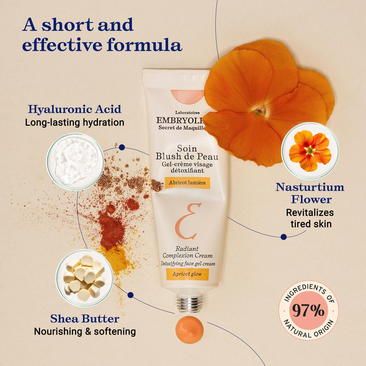 Embryolisse cream blended on cheek demonstrating subtle apricot glow and hydration
