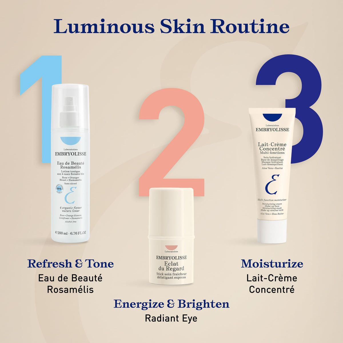 Embryolisse ingredients display highlighting shea butter and aloe benefits