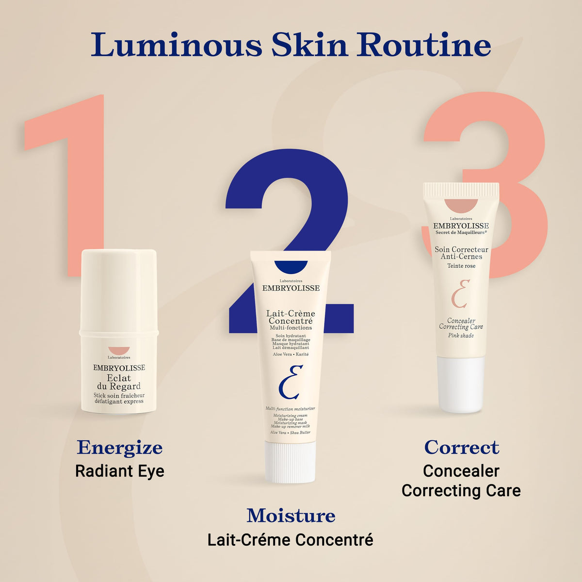 Embryolisse ingredients label showing Vitamins B3 and E and clean formulation benefit