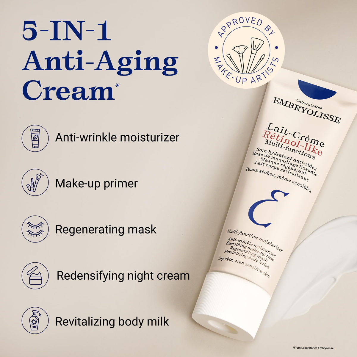 Embryolisse jar beside makeup items illustrating primer and smoothing benefit