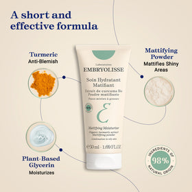 Embryolisse applying cream on cheek, mattifying effect visible