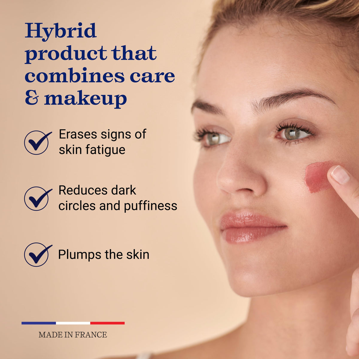 Embryolisse texture swatch on skin showing creamy tint and dewy finish benefit